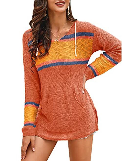 Ferbia Women Boho Sweater Hooded Hoodie Baja Colorblock Pullover Striped V Neck Mexican Knit Sweatshirt Poncho