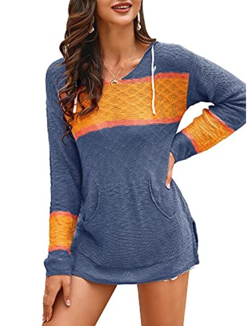 Ferbia Women Boho Sweater Hooded Hoodie Baja Colorblock Pullover Striped V Neck Mexican Knit Sweatshirt Poncho