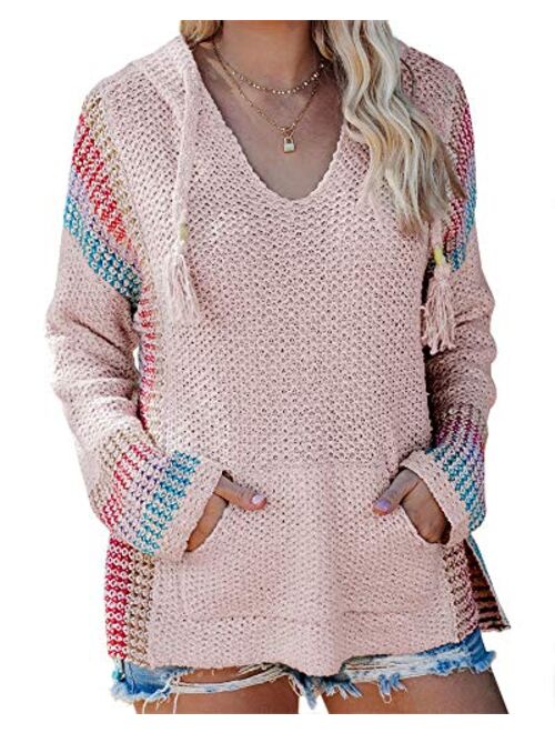 Ferbia Women Boho Sweater Hooded Hoodie Baja Colorblock Pullover Striped V Neck Mexican Knit Sweatshirt Poncho