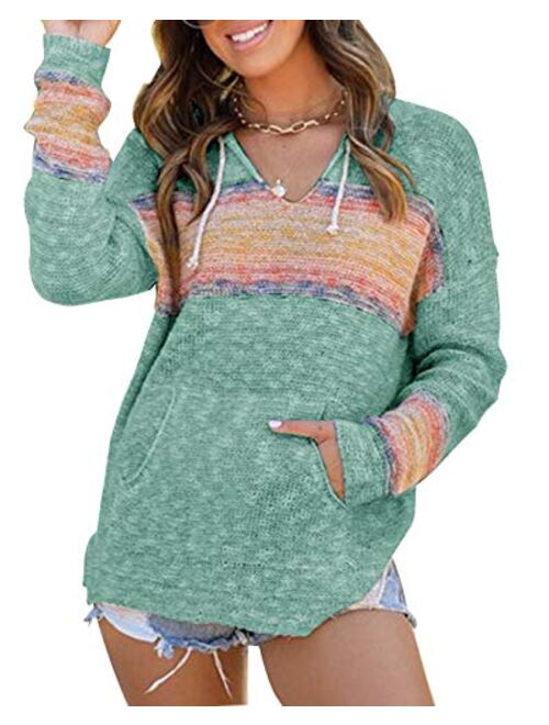 Ferbia Women Boho Sweater Hooded Hoodie Baja Colorblock Pullover Striped V Neck Mexican Knit Sweatshirt Poncho