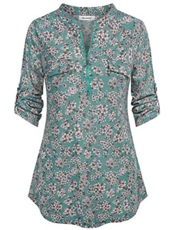 Ninedaily Women's 3/4 Sleeve Roll up Shirts Zip Floral Casual Tunic Blouse Tops