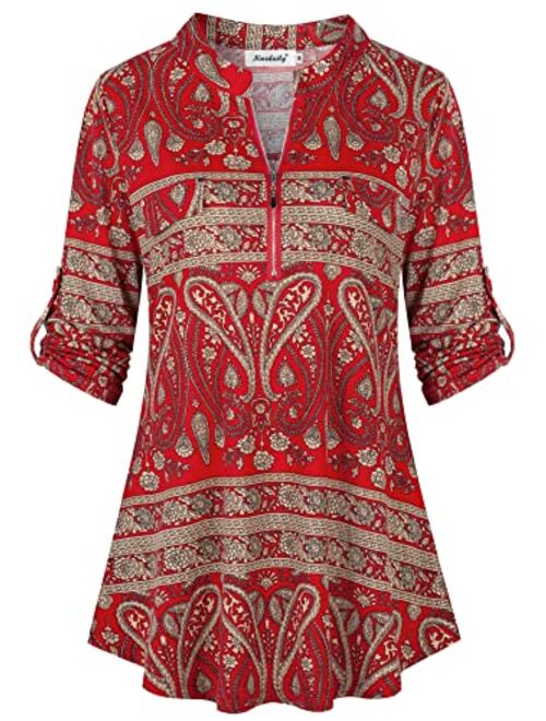 Ninedaily Women's 3/4 Sleeve Roll up Shirts Zip Floral Casual Tunic Blouse Tops