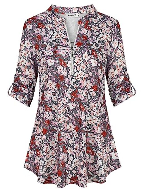 Ninedaily Women's 3/4 Sleeve Roll up Shirts Zip Floral Casual Tunic Blouse Tops