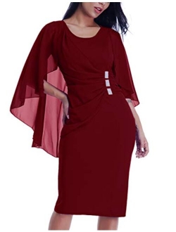 LALAGEN Womens Chiffon Plus Size Ruffle Flattering Cape Sleeve Bodycon Party Pencil Dress S-XXXL