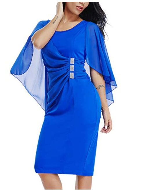 LALAGEN Womens Chiffon Plus Size Ruffle Flattering Cape Sleeve Bodycon Party Pencil Dress S-XXXL