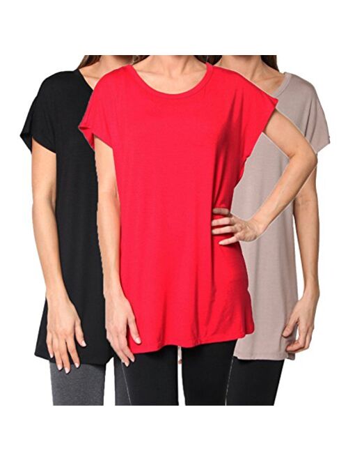 Free to Live 3 Pack Women's Loose Fitting Short Sleeve Kimono Flowy Long Tunic Tops