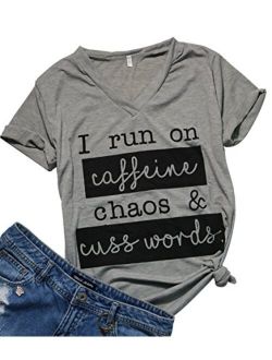 I Run On Coffee Chaos Cuss Words T Shirt Women Funny Short Sleeve T-Shirt Mom Gift