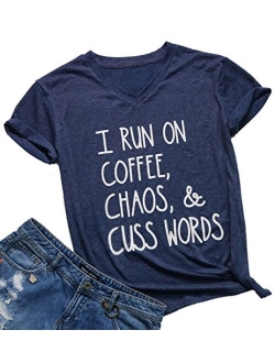 I Run On Coffee Chaos Cuss Words T Shirt Women Funny Short Sleeve T-Shirt Mom Gift