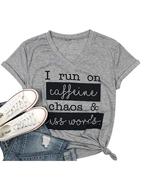 I Run On Coffee Chaos Cuss Words T Shirt Women Funny Short Sleeve T-Shirt Mom Gift