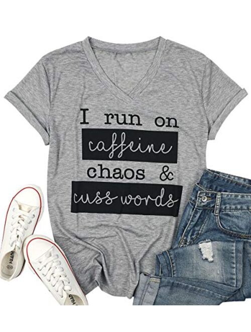 I Run On Coffee Chaos Cuss Words T Shirt Women Funny Short Sleeve T-Shirt Mom Gift