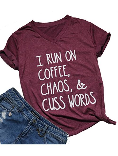 I Run On Coffee Chaos Cuss Words T Shirt Women Funny Short Sleeve T-Shirt Mom Gift