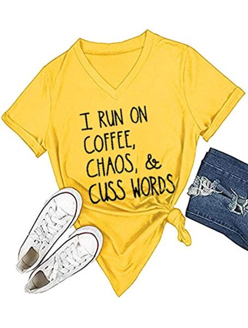 I Run On Coffee Chaos Cuss Words T Shirt Women Funny Short Sleeve T-Shirt Mom Gift