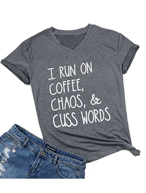 I Run On Coffee Chaos Cuss Words T Shirt Women Funny Short Sleeve T-Shirt Mom Gift