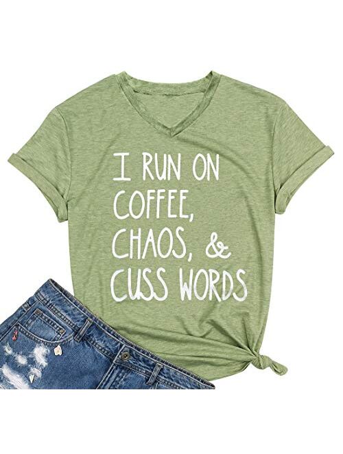 I Run On Coffee Chaos Cuss Words T Shirt Women Funny Short Sleeve T-Shirt Mom Gift