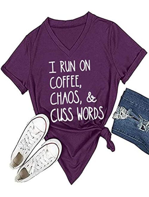 I Run On Coffee Chaos Cuss Words T Shirt Women Funny Short Sleeve T-Shirt Mom Gift