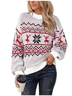 Women's Chunky Sweater Crewneck Sweatshirt Knit Lantern Sleeve Oversized Pullover Sweater with Pearls