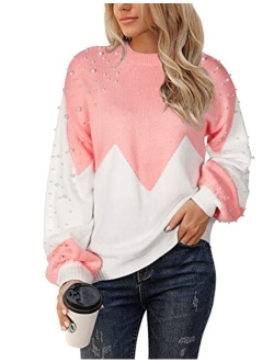 Women's Chunky Sweater Crewneck Sweatshirt Knit Lantern Sleeve Oversized Pullover Sweater with Pearls