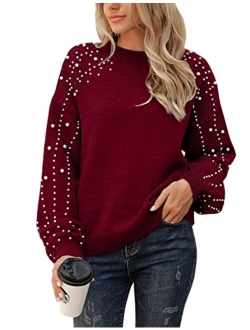 Women's Chunky Sweater Crewneck Sweatshirt Knit Lantern Sleeve Oversized Pullover Sweater with Pearls