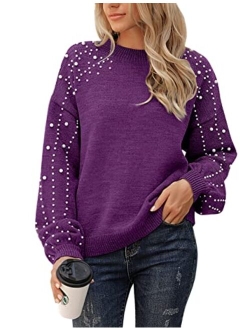 Women's Chunky Sweater Crewneck Sweatshirt Knit Lantern Sleeve Oversized Pullover Sweater with Pearls