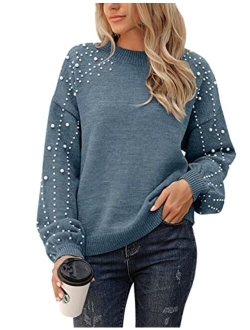 Women's Chunky Sweater Crewneck Sweatshirt Knit Lantern Sleeve Oversized Pullover Sweater with Pearls