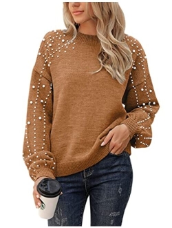 Women's Chunky Sweater Crewneck Sweatshirt Knit Lantern Sleeve Oversized Pullover Sweater with Pearls