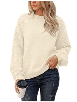 Women's Chunky Sweater Crewneck Sweatshirt Knit Lantern Sleeve Oversized Pullover Sweater with Pearls