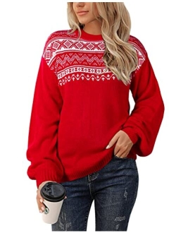 Women's Chunky Sweater Crewneck Sweatshirt Knit Lantern Sleeve Oversized Pullover Sweater with Pearls