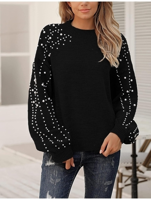 Blooming Jelly Women's Chunky Sweater Crewneck Sweatshirt Knit Lantern Sleeve Oversized Pullover Sweater with Pearls