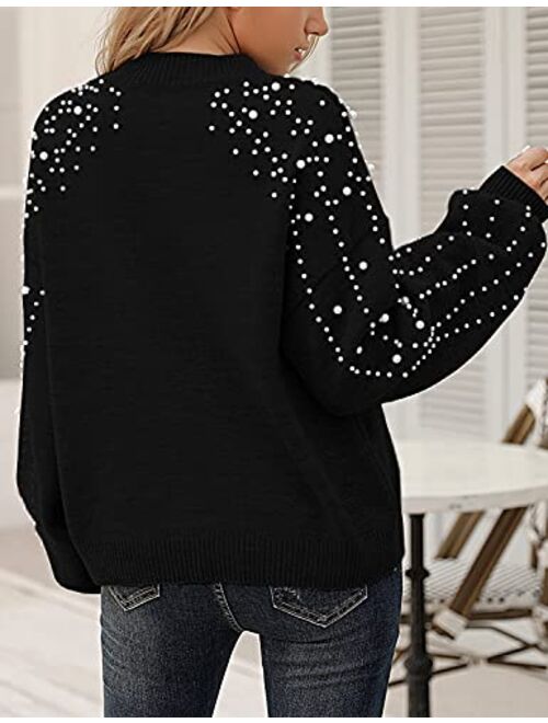 Blooming Jelly Women's Chunky Sweater Crewneck Sweatshirt Knit Lantern Sleeve Oversized Pullover Sweater with Pearls