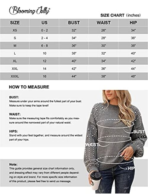 Blooming Jelly Women's Chunky Sweater Crewneck Sweatshirt Knit Lantern Sleeve Oversized Pullover Sweater with Pearls