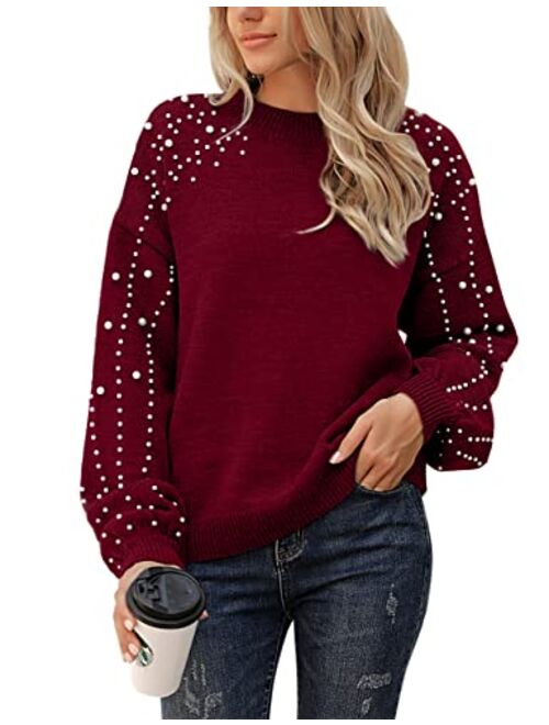 Blooming Jelly Women's Chunky Sweater Crewneck Sweatshirt Knit Lantern Sleeve Oversized Pullover Sweater with Pearls