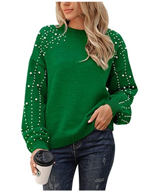 Blooming Jelly Women's Chunky Sweater Crewneck Sweatshirt Knit Lantern Sleeve Oversized Pullover Sweater with Pearls