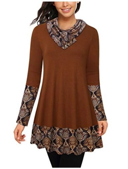 Cowl Neck Tunics Long Sleeve Patchwork Form Fitting Casual A-Line Top Blouse