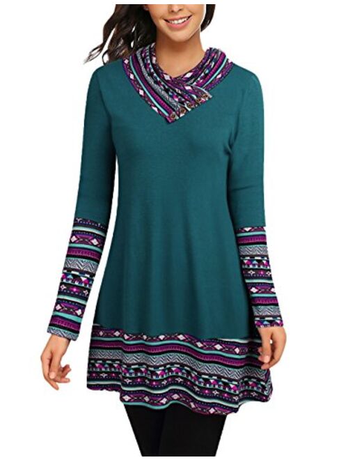 Cowl Neck Tunics Long Sleeve Patchwork Form Fitting Casual A-Line Top Blouse