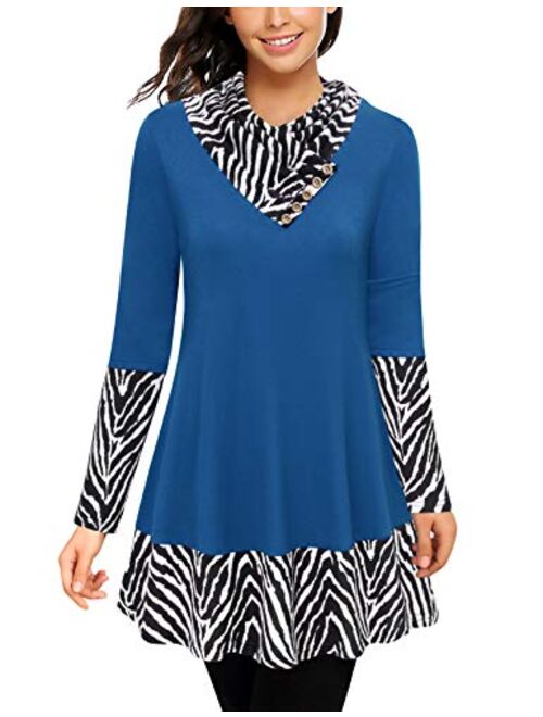 Cowl Neck Tunics Long Sleeve Patchwork Form Fitting Casual A-Line Top Blouse