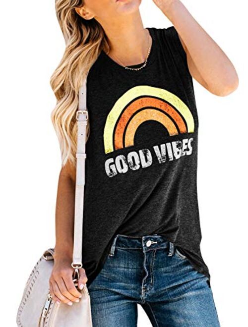 Imily Bela Womens Graphic Tank Tops Good Vibes Summer Sleeveless Rainbow Casual Tees