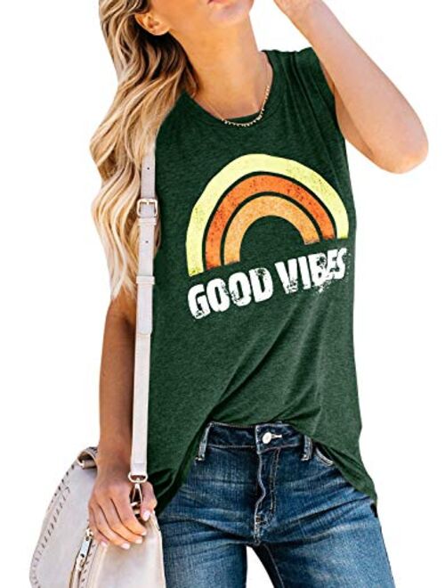 Imily Bela Womens Graphic Tank Tops Good Vibes Summer Sleeveless Rainbow Casual Tees