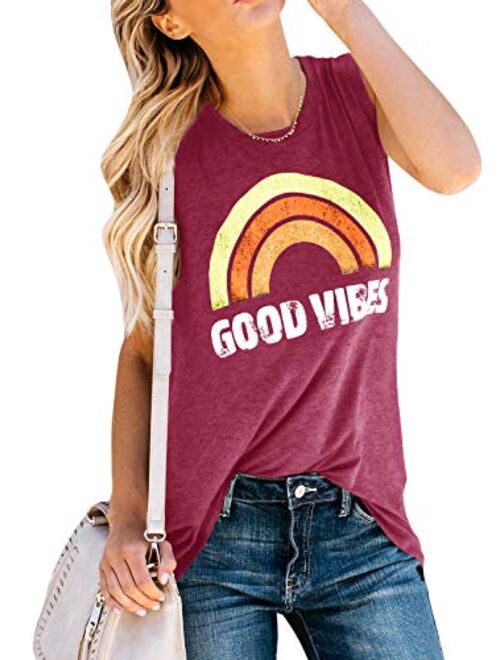 Imily Bela Womens Graphic Tank Tops Good Vibes Summer Sleeveless Rainbow Casual Tees