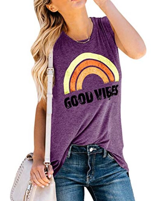 Imily Bela Womens Graphic Tank Tops Good Vibes Summer Sleeveless Rainbow Casual Tees