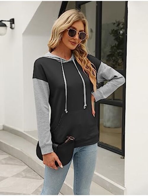 ORANDESIGNE Women's Casual Color Block/Solid Hoodies Long Sleeve Pullover Tops Loose Lightweight Sweatshirt with Pocket