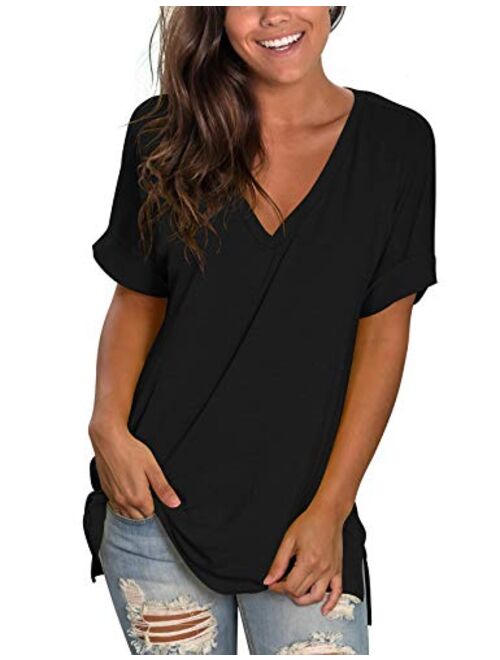 liher Women's Tshirts Casual V Neck Short Sleeve Loose Summer Tunic Tops