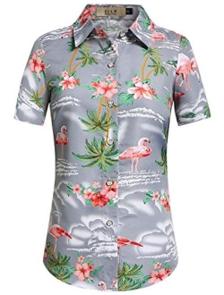 SSLR Women's Flamingos Floral Casual Short Sleeve Hawaiian Shirt