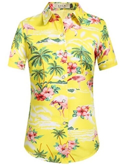 SSLR Women's Flamingos Floral Casual Short Sleeve Hawaiian Shirt