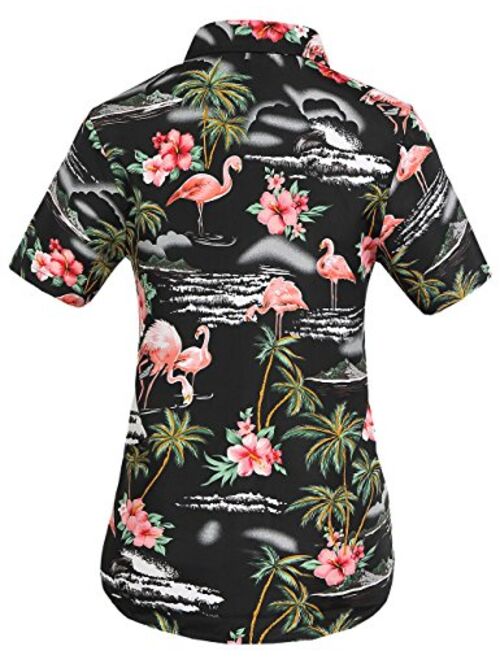 SSLR Women's Flamingos Floral Casual Short Sleeve Hawaiian Shirt