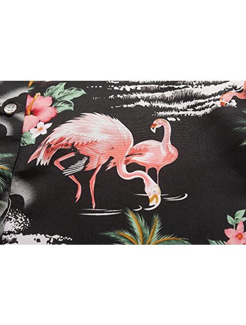 SSLR Women's Flamingos Floral Casual Short Sleeve Hawaiian Shirt