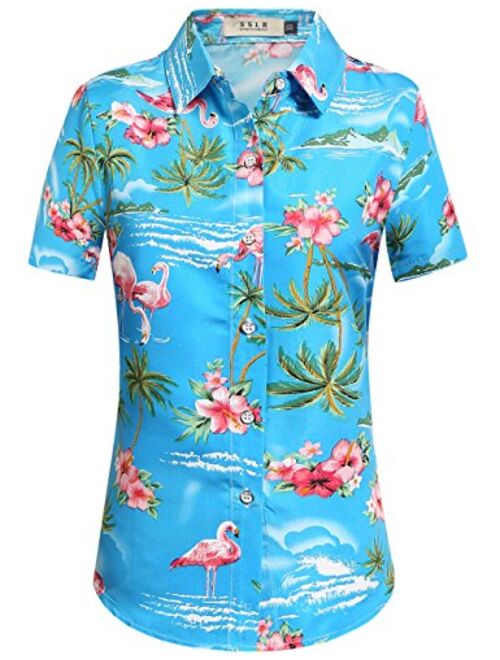 SSLR Women's Flamingos Floral Casual Short Sleeve Hawaiian Shirt