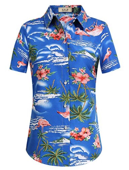 SSLR Women's Flamingos Floral Casual Short Sleeve Hawaiian Shirt