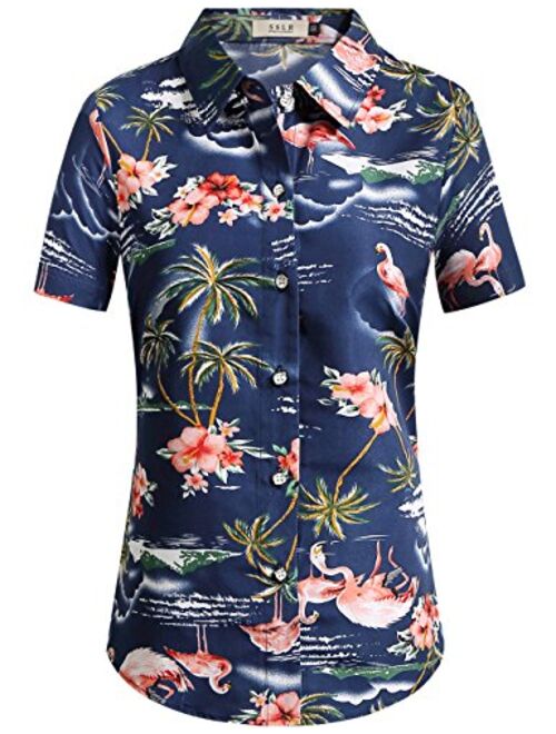 SSLR Women's Flamingos Floral Casual Short Sleeve Hawaiian Shirt