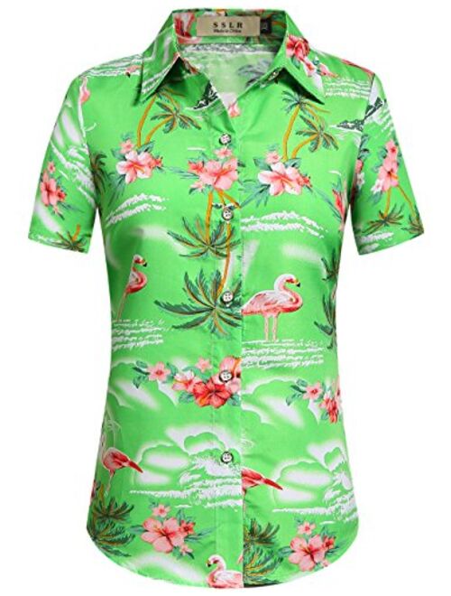 SSLR Women's Flamingos Floral Casual Short Sleeve Hawaiian Shirt