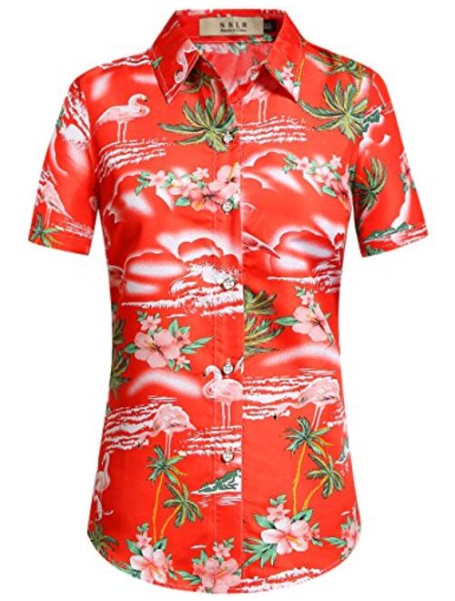 SSLR Women's Flamingos Floral Casual Short Sleeve Hawaiian Shirt